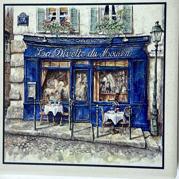 Ceramic Coasters Set Of 4 La Divette Du Moulin Cork Back Tray Paris Cafe - Picture 8 of 12